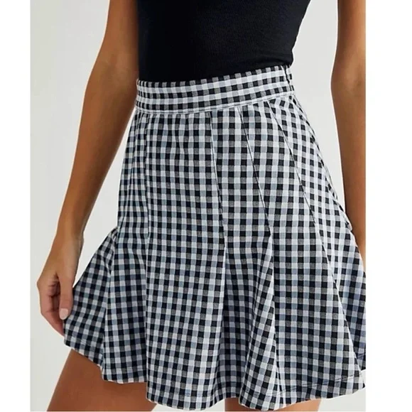 NWT Free People | Honey Blue Multi Gingham Pleated Skater Mini Skirt 10 - Picture 3 of 16